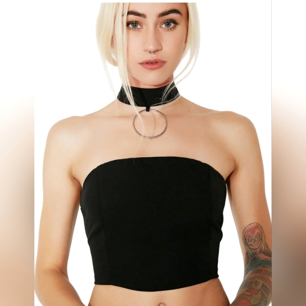 Dolls Kill Black Choker Zip up Halter Crop Top Women's Small